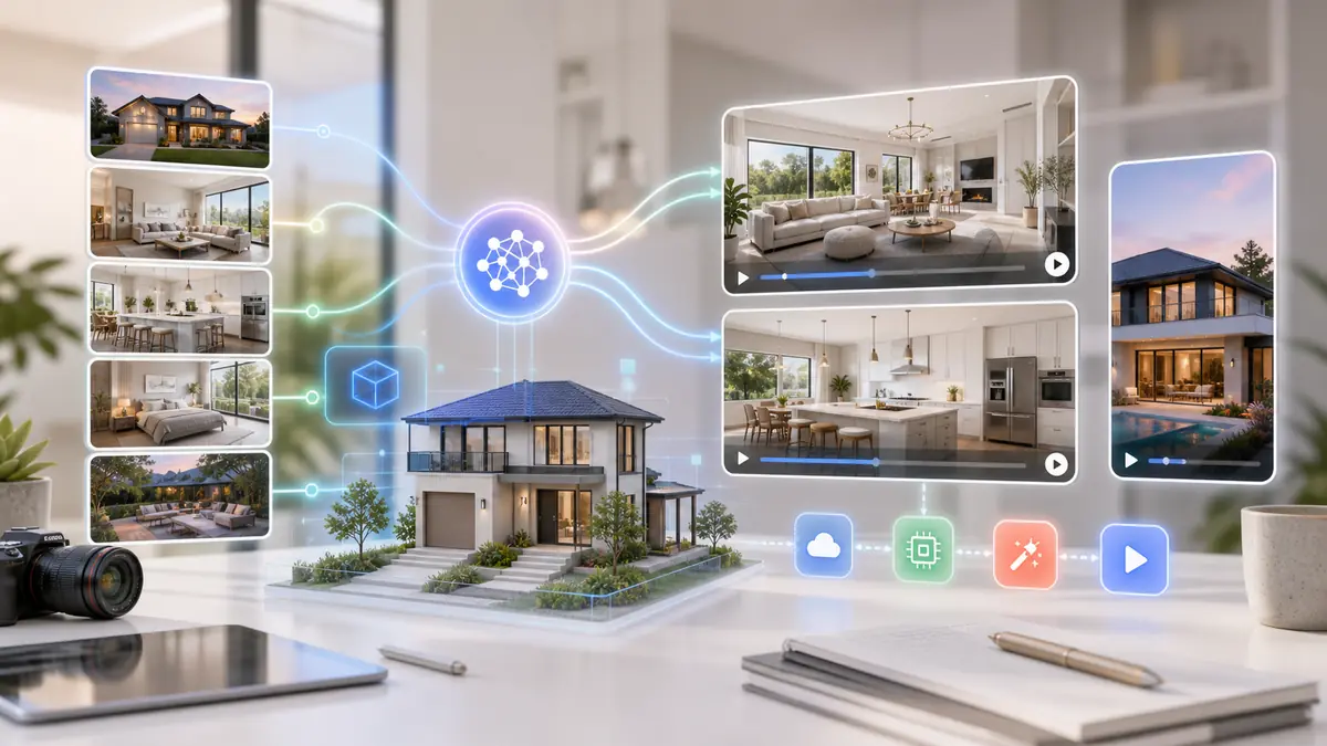 Future AI real estate video workflow from listing media to video previews