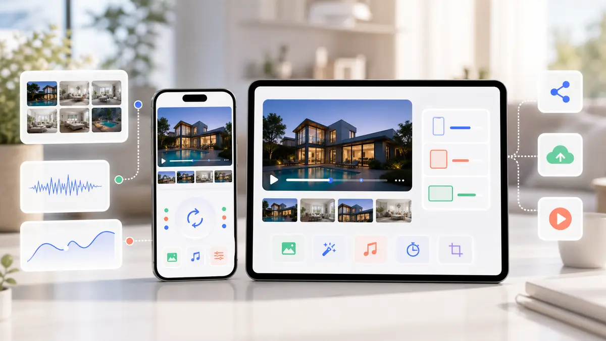 Mobile real estate video app workflow with photo import and export options