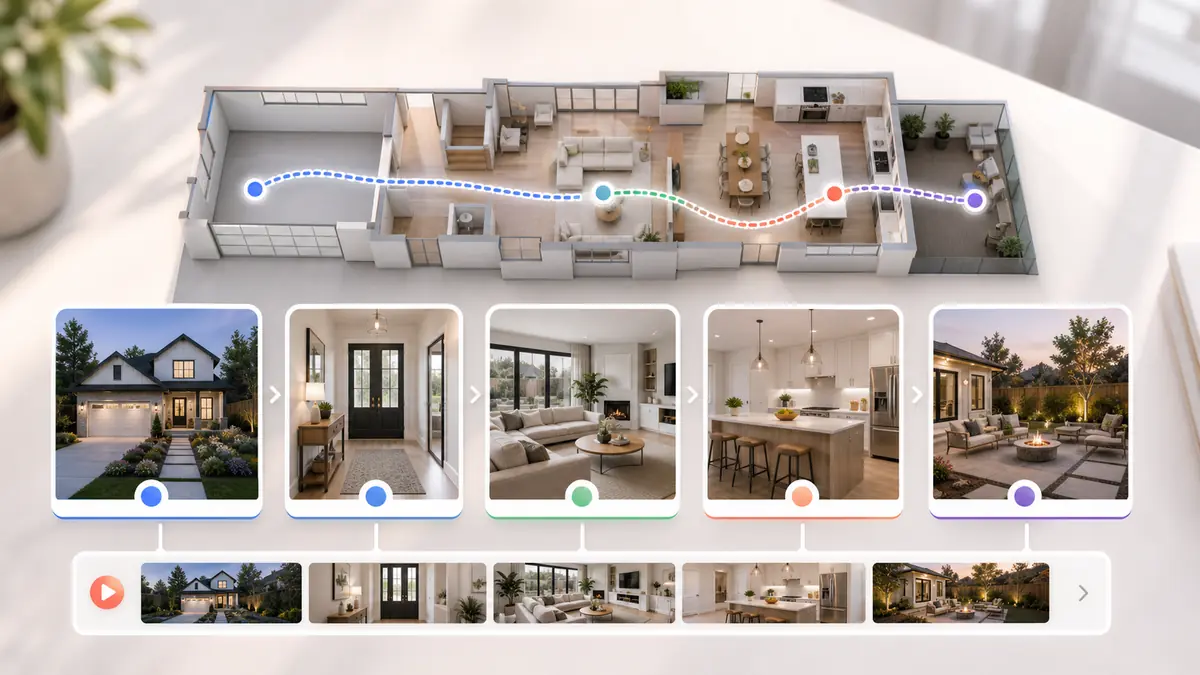 Property walkthrough flow from exterior to interior listing photos