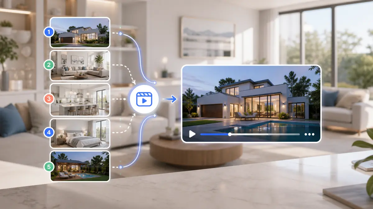Listing photos sequenced into a smooth property video tour